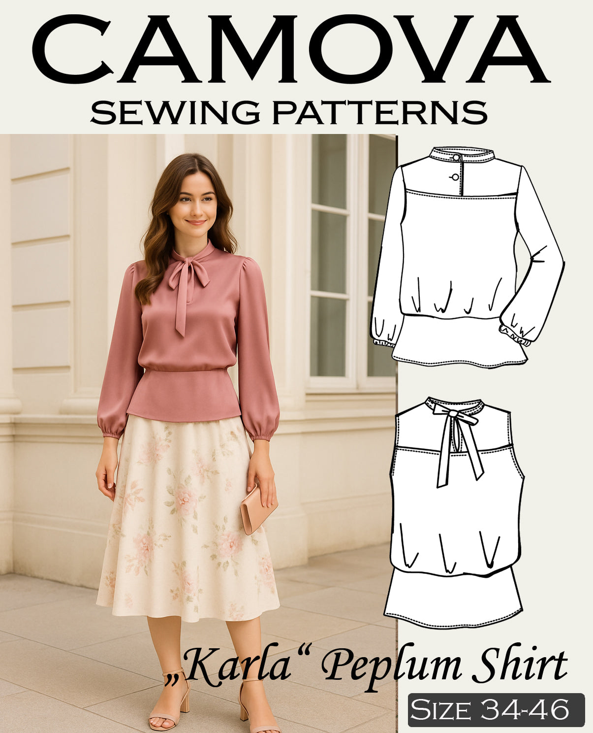 Schnittmuster Karla – Damen Peplum Shirt / Bluse mit 2 Kragenvarianten | Größen 34–46 | PDF A4 & A0