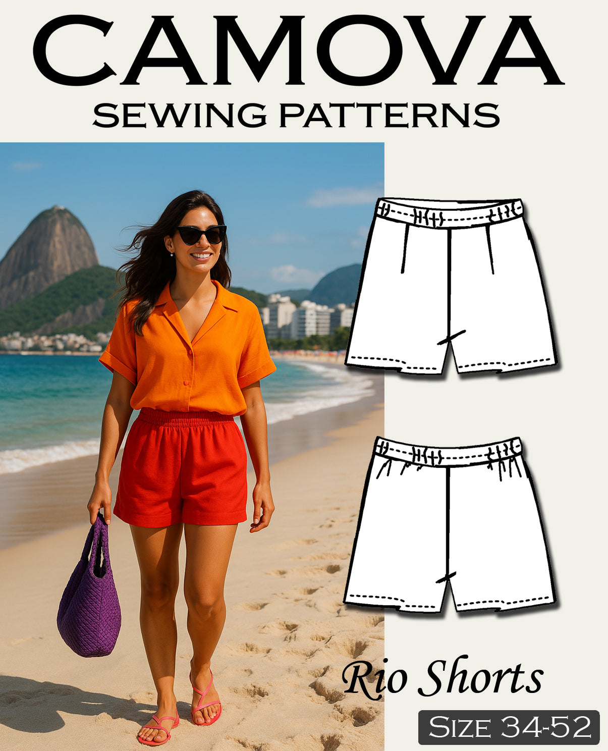 Schnittmuster Shorts Damen PDF – zum Selbstausdrucken in A4 – elastische Hose mit Gummibund nähen – für Anfänger*innen – Größe 34 bis 52.