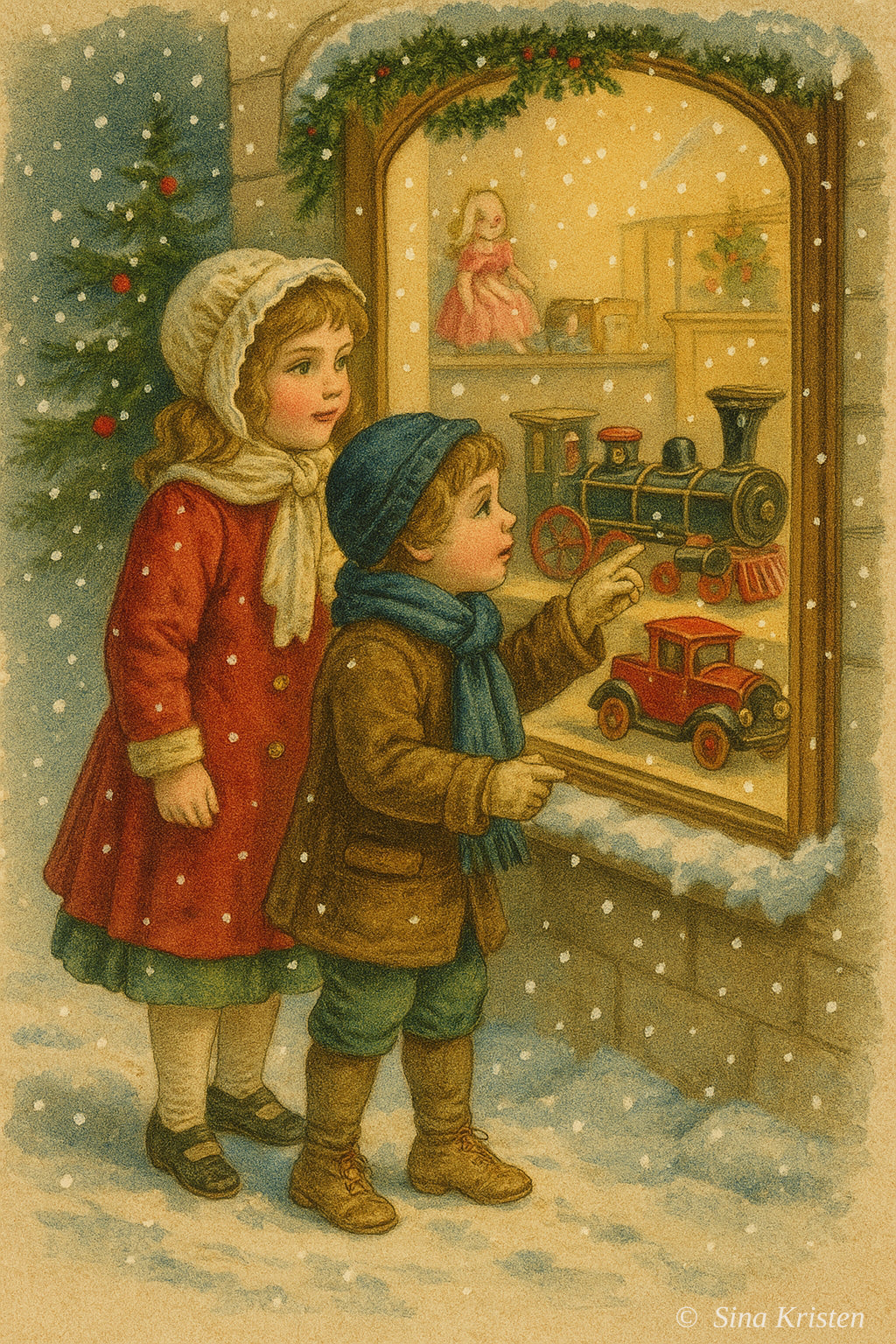 Nostalgische Weihnachtskarten – 4er-Set zum Selbstausdrucken | Kinder, Schneemann & St. Nikolaus – Illustrationen von Sina Kristen