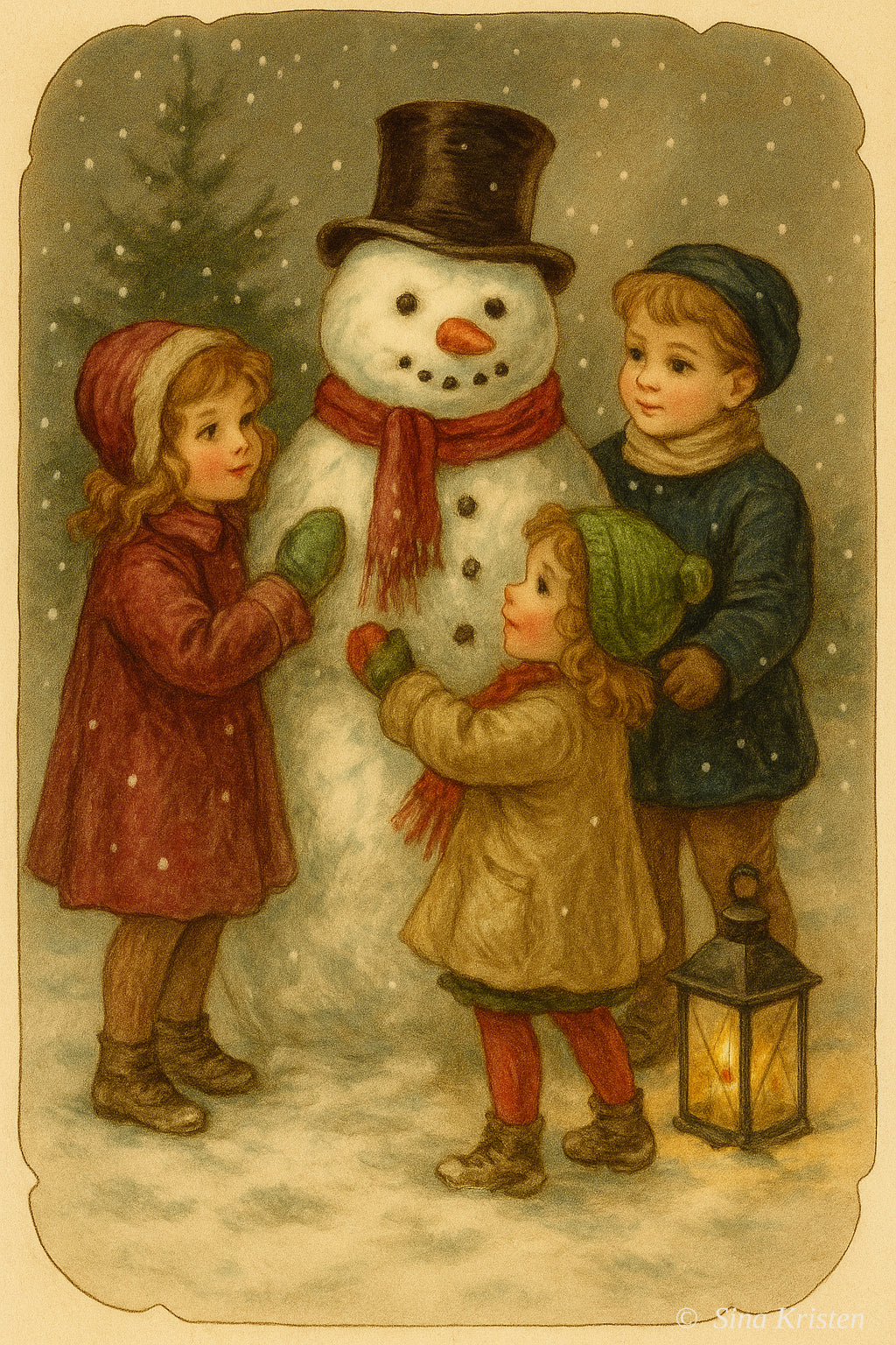 Nostalgische Weihnachtskarten – 4er-Set zum Selbstausdrucken | Kinder, Schneemann & St. Nikolaus – Illustrationen von Sina Kristen