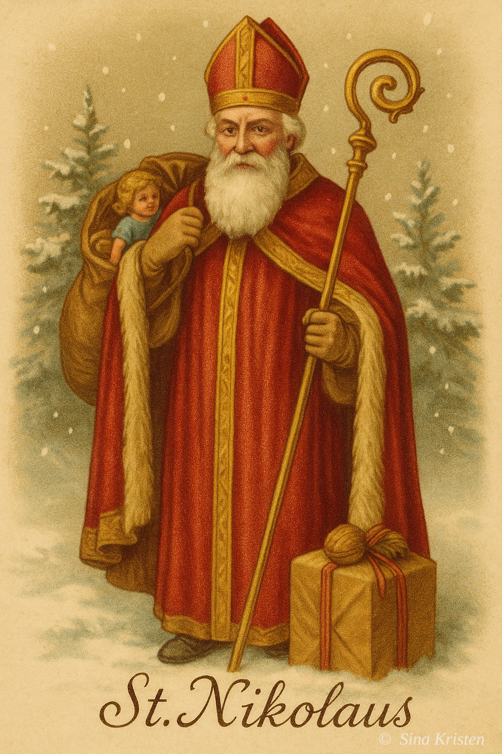 Nostalgische Weihnachtskarten – 4er-Set zum Selbstausdrucken | Kinder, Schneemann & St. Nikolaus – Illustrationen von Sina Kristen