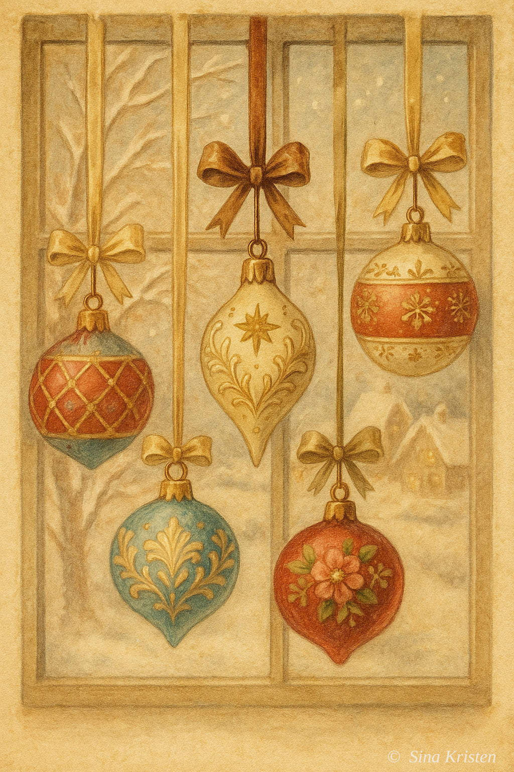 Weihnachtskugeln am Fenster – Nostalgische Weihnachtsillustration (Printable A4 & A6)