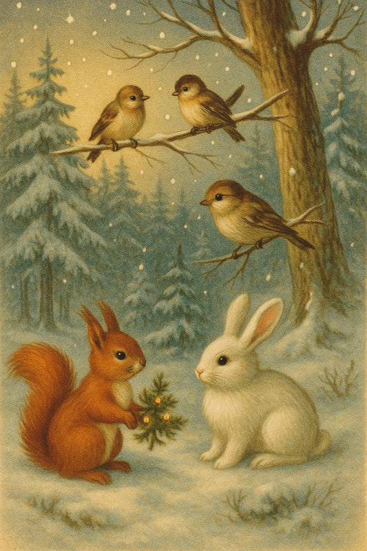 Winterwald mit Tieren – Nostalgische Illustration (Printable A4 & A6)