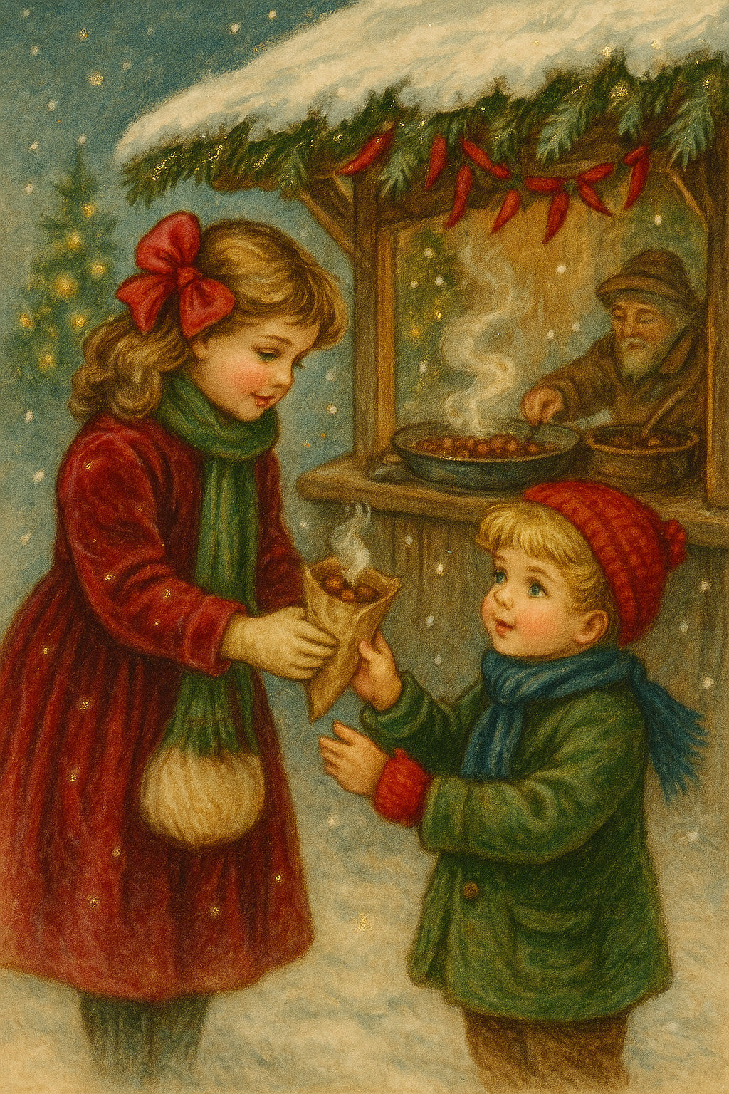 Weihnachtsmarkt mit Kindern – Nostalgische Illustration (Printable A4 & A6)