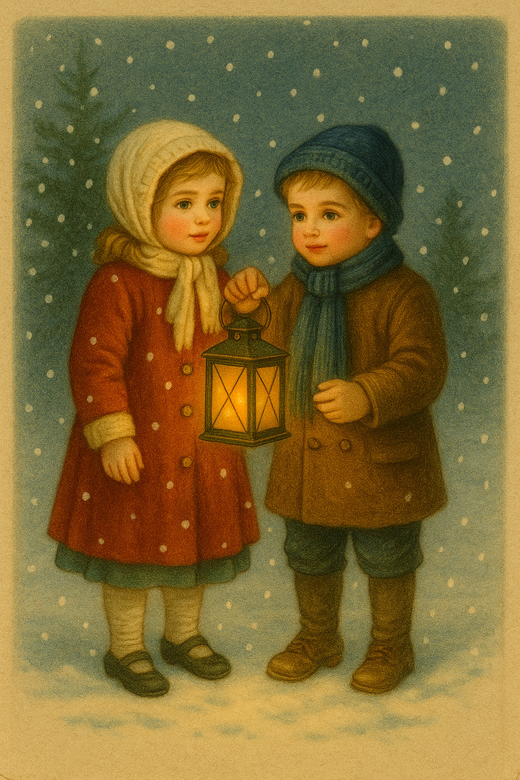 Nostalgische Weihnachts-Postkarten – 6er Set | Winterkinder, Laterne, Kirche, Dorf, Schlitten, Vögel