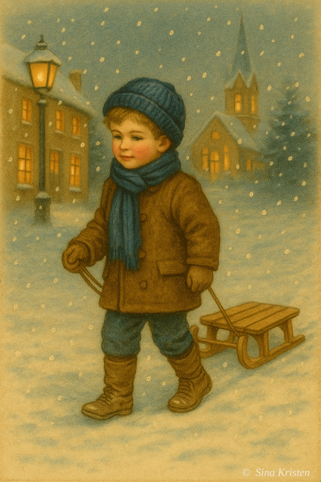 Nostalgische Weihnachts-Postkarten – 6er Set | Winterkinder, Laterne, Kirche, Dorf, Schlitten, Vögel
