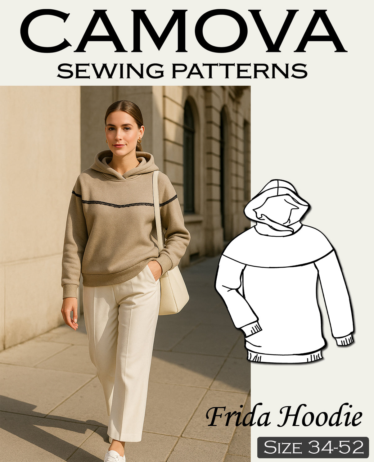 Gratis Schnittmuster Hoodie „Frida“ – Damen Kapuzenpullover nähen (PDF A4 , Gr. 34–52)
