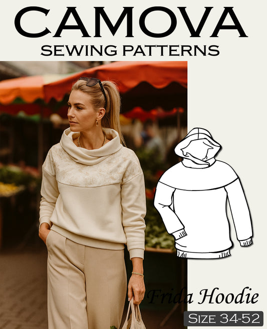 Gratis Schnittmuster Hoodie „Frida“ – Damen Kapuzenpullover nähen (PDF A4 , Gr. 34–52)