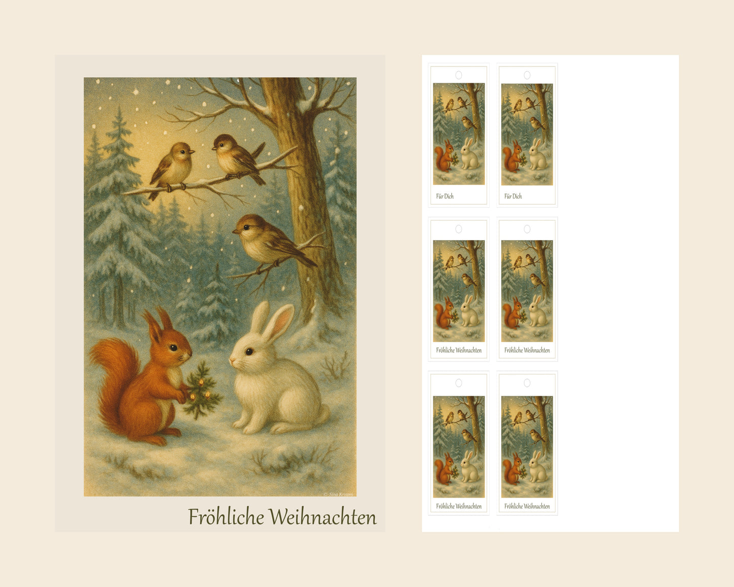Winterwald mit Tieren – Nostalgische Illustration (Printable A4 & A6)